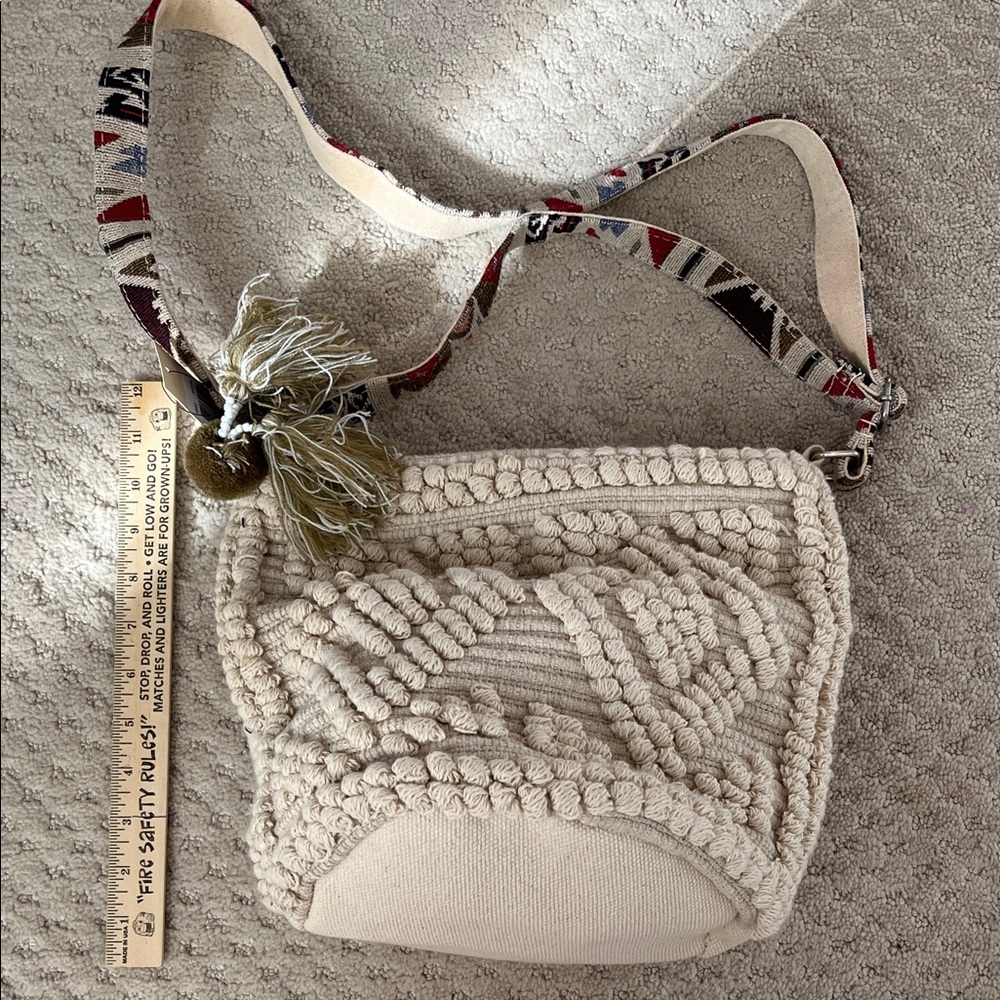 Woven Cream Macramé Crossbody Bag with Patterned Strap